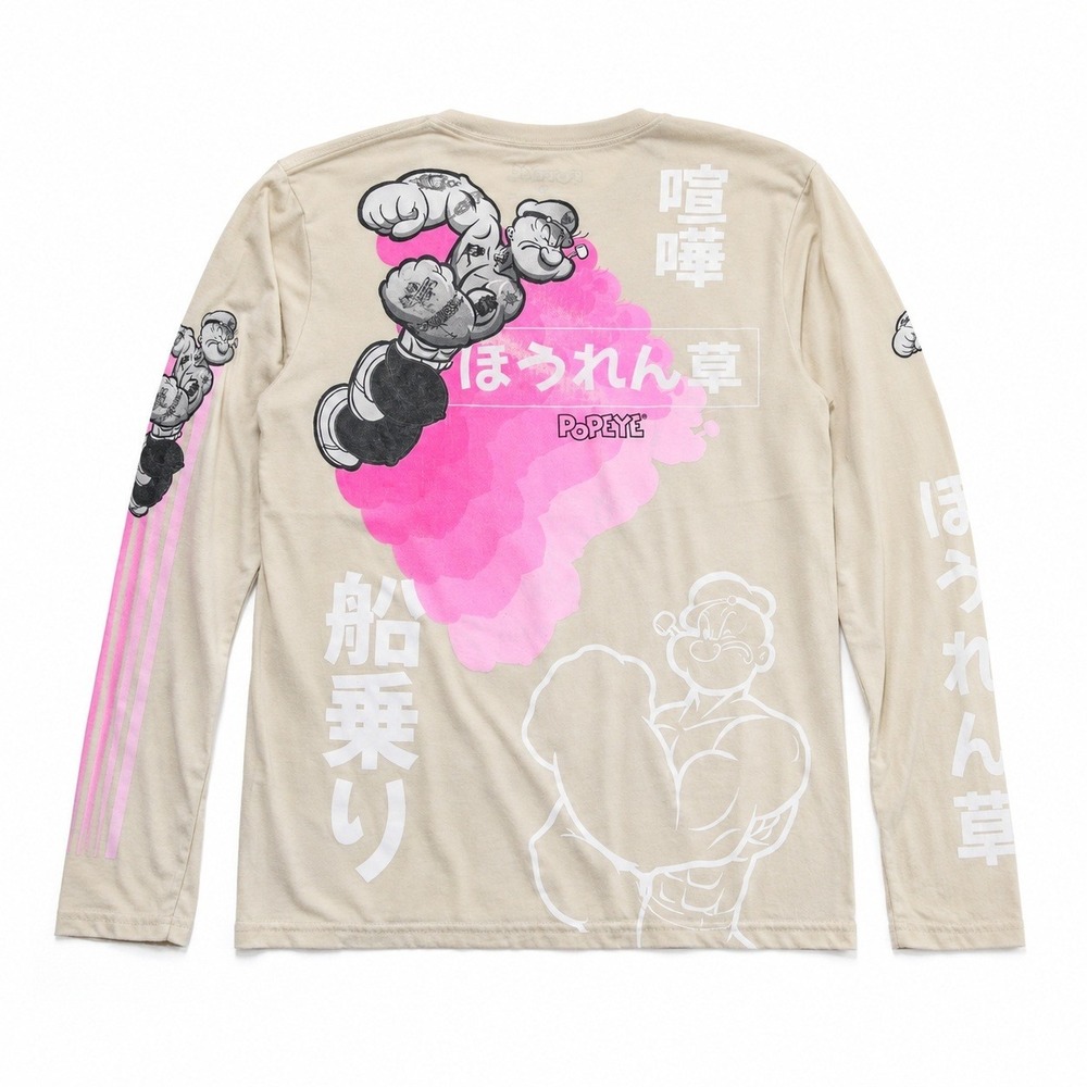 Popeye the Sailor Man Graphic Long Sleeve Shirt Mens Medium Beige Japanese Kanji